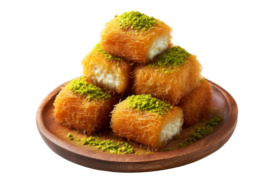 Traditional Middle Eastern Kunafa dessert cubes filled with cream and topped with ground pistachios on wooden plate isolated on white transparent background, concept of traditional sweets