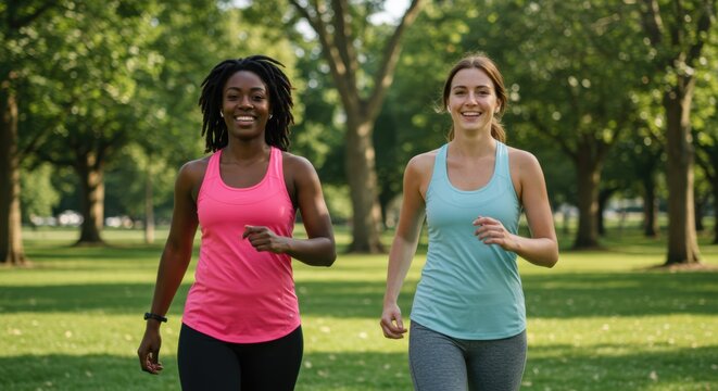 Two diverse women friends jogging together outside in a park workout for a healthy lifestyle on a beautiful summer day - Powered by Adobe