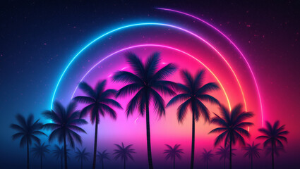 Fototapeta premium Tropical nightfall - palm silhouettes, lingering sunset, star flickers. Vintage-toned city lights pulse along the coast