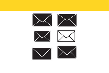 A simple graphic set of six mail envelope icons, featuring solid black and outline styles for communication concepts.