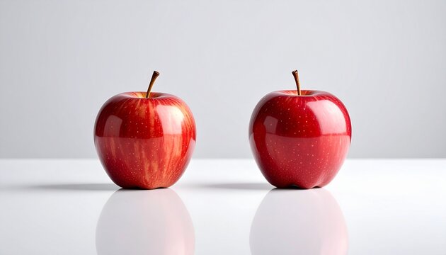 A comparative studio photograph of two fresh red apples, one naturally striped and one perfectly polished, on a reflective surface