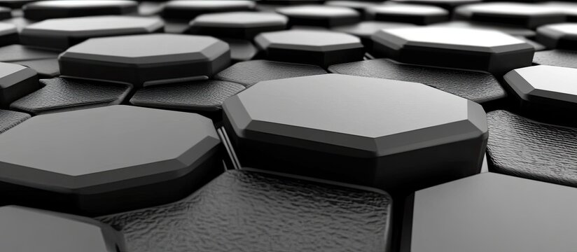 A close-up of a textured surface composed of numerous dark-grey, faceted, hexagonal shapes interlocking to form a complex, repeating pattern