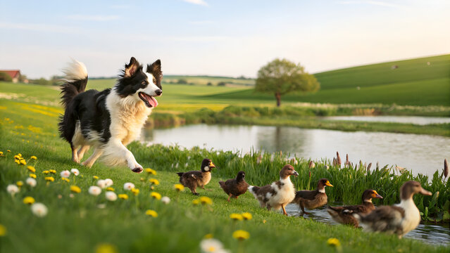 Playful Border Collie Herding Ducks by a Pond