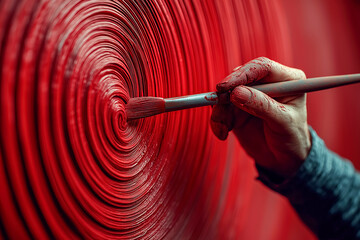 Fototapeta premium Close-up of hand painting red spiral pattern on canvas