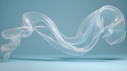 Flowing sheer fabric creating elegant motion against a soft blue background