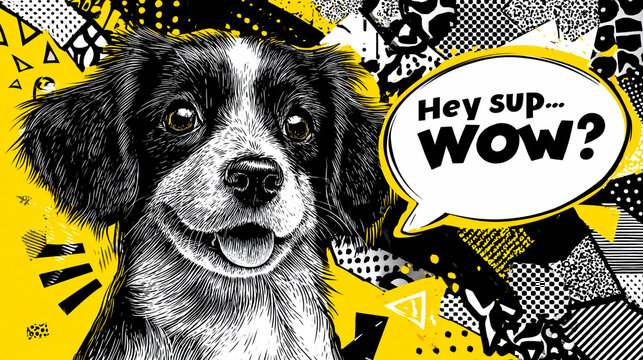 A cute dog with a happy face, a pop art-style illustration, a speech bubble with WOW, and text in bold letters that says Hey, sup ,A complex background of geometric shapes and patterns - Powered by Adobe
