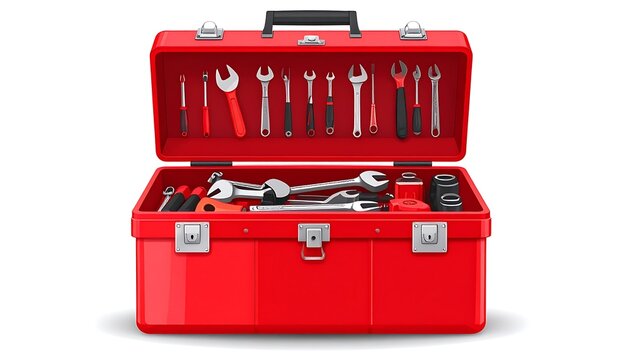 Open red toolbox filled with various hand tools