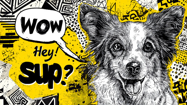 A cute dog with a happy face, a pop art-style illustration, a speech bubble with WOW, and text in bold letters that says Hey, sup ,A complex background of geometric shapes and patterns