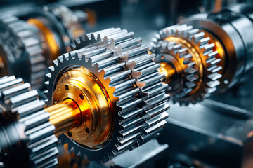 Precision-engineered metallic gears with gold accents for industrial machinery