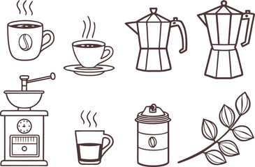 Coffee Icons Illustration Pack. Hot Beverage Clipart Set. Coffee Cup Icon Collection. Espresso and Latte Icons. Cafe Style Coffee Icons. Minimal Coffee Symbol Set