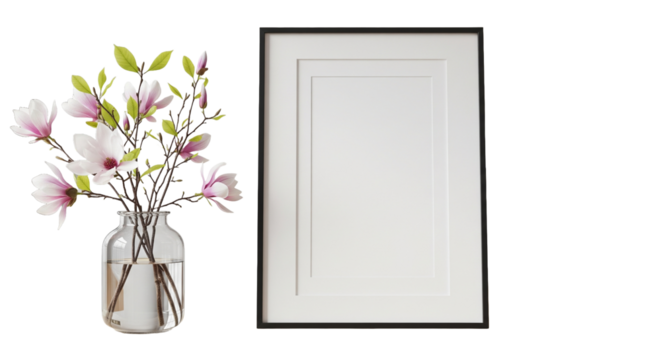 Vertical picture frame mockup with white mat and black border stands on a wooden shelf with a vase of blooming magnolia branches creating a modern interior design layout 