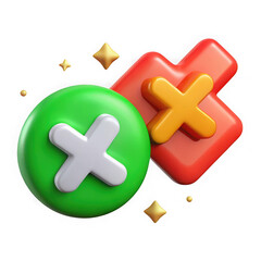 Obraz premium 3d green circle with white x and red square with orange x isolated on transparent background