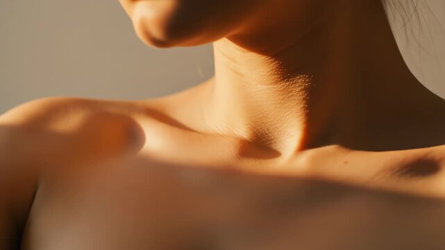 Closeup of a womans skin, showing her shoulder, neck, and collarbone in natural light, highlighting beauty, health, and wellness, with a focus on skincare and aesthetic treatments for a youthful look