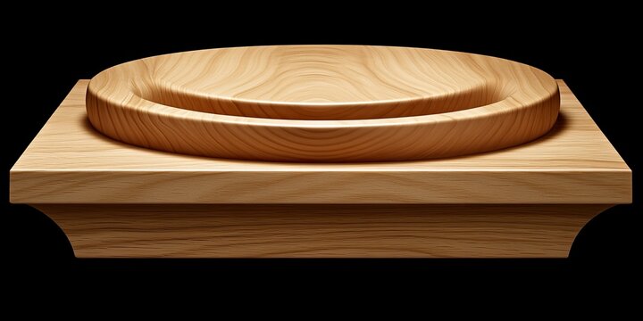 Light-wood pedestal with a double-tiered, circular top, set against a black background