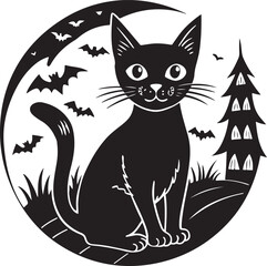 A cute black and white cat silhouette sits on a black background, a domestic feline illustration for a whimsical design