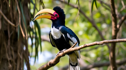 Stunning Black and White Casqued Hornbill Perched on a Branch in Natural Habitat Captured in Detail