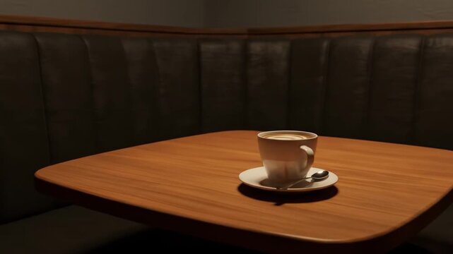 Solo coffee cup on a wooden table in an empty, dimly lit restaurant booth