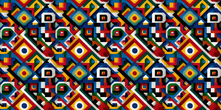 Seamless pattern based on South African traditional art, blending vibrant Ndebele house painting motifs, Zulu beadwork patterns, and Xhosa geometric forms in bold, bright, multicolor compositions