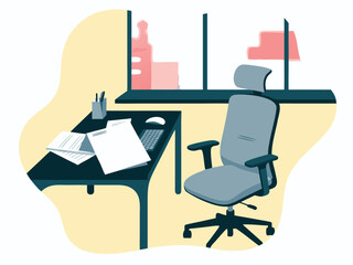 Fototapeta premium Minimalist Office Desk Scene with Chair and Window View workspace interior