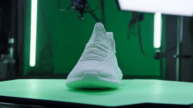 White 3D Printed Sneaker Rotating on Green Table for Digital Scan in Studio