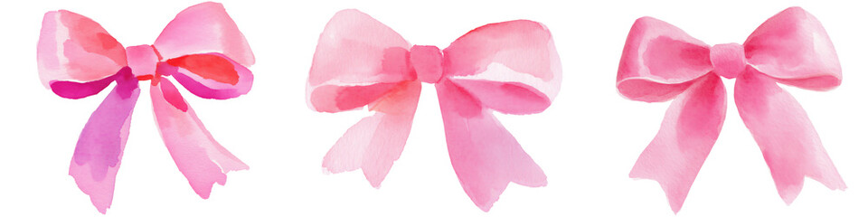 Watercolor illustration of three pink bows, showcasing various shapes and shades, perfect for decorative purposes, gift wrapping, or creative design projects