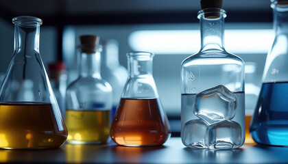 Assorted laboratory glassware with colorful chemical solutions and copy space for science studies; experimental laboratory