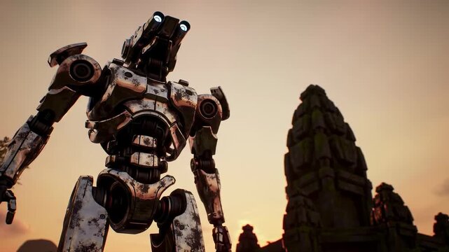 Large metallic robot stands amidst ancient structures during sunrise or sunset