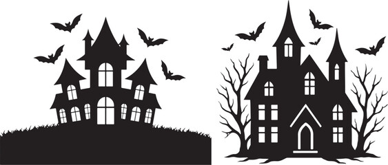 Silhouetted haunted houses with bats and bare trees