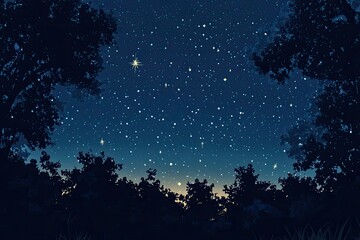 Obraz premium Starry night sky viewed through silhouetted trees, a bright star near the top, a subtle light horizon at the bottom