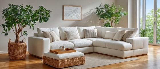 Modern living room with white sectional sofa