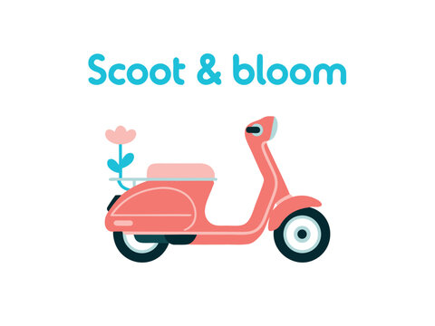 Pink scooter with a flower on the back and text Scoot & bloom moped vehicle