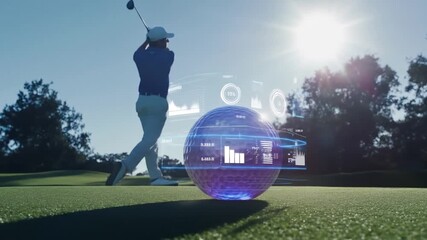 Golfer Swings with Futuristic Data-Driven Golf Ball Displaying Performance Analytics - Powered by Adobe