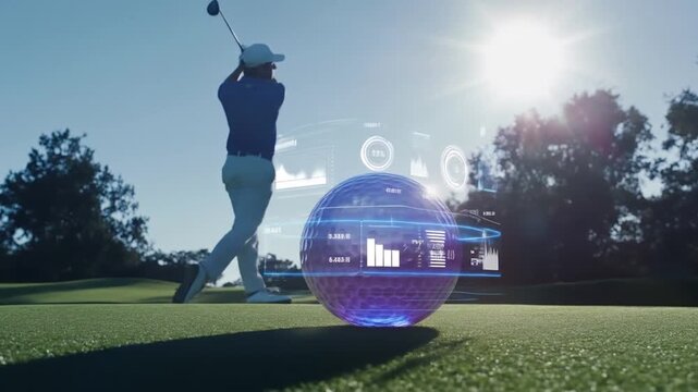 Golfer Swings with Futuristic Data-Driven Golf Ball Displaying Performance Analytics - Powered by Adobe