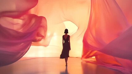 Silhouette of Woman Walking Through an Ethereal Tunnel of Flowing Pink and Orange Fabric - Powered by Adobe