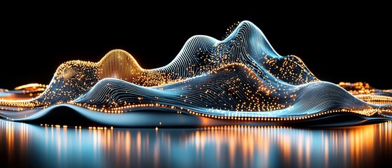 Abstract luminous landscape with flowing, metallic forms and golden accents reflecting on a dark surface