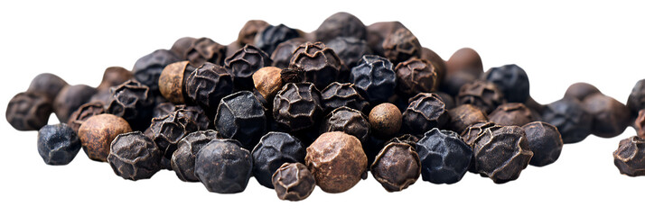 black peppercorns on white background.