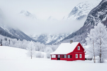 Snow Dusted Red Cabin Roof Against Cloudy Sky and Snowy Mountains