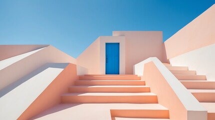 A striking architectural composition features a vibrant blue door set against a backdrop of soft peach colored walls and ascending stairs under a clear azure sky