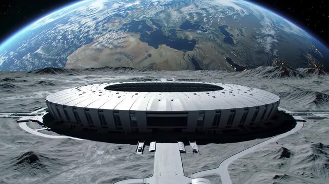 Lunar stadium architectural rendering grey structure on the moon space exploration