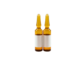  amber glass medical ampoules with blank labels isolated on transparent background