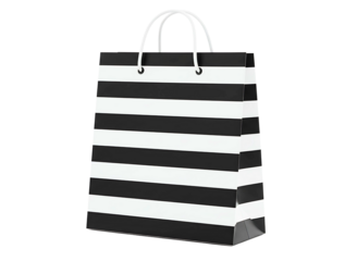 Black and white striped paper gift bag with handles isolated on transparent background