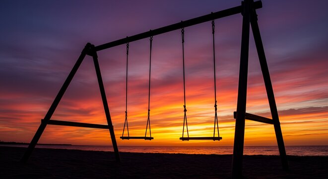Silhouette of an empty swing set against a vibrant and colorful sunset, a powerful image of nostalgia, childhood, and reflection.