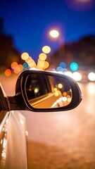 Nighttime view of a car's side mirror reflecting blurred city lights