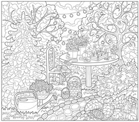 Obraz premium Hand drawn illustration with flowers and vegetables in the garden for coloring page. Line art vector illustration. Summer botanical and farming background with gardening objects, vintage concept