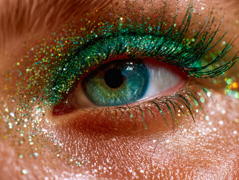 Close-up of a vibrant eye with shimmering green and gold glitter makeup - Powered by Adobe