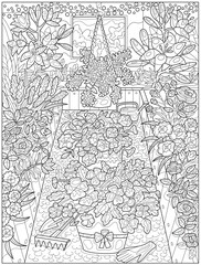 Obraz premium Hand drawn illustration with beautiful garden flowers in greenhouse for coloring page. Line art vector illustration. Summer botanical and farming background with gardening objects, vintage concept