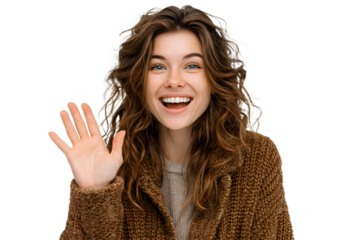 Friendly cheerful, happy smiling woman waving you with raised hand. Attractive girl greeting friend, say hello or hi, welcome guest, standing white background joyful, express positivity and joy