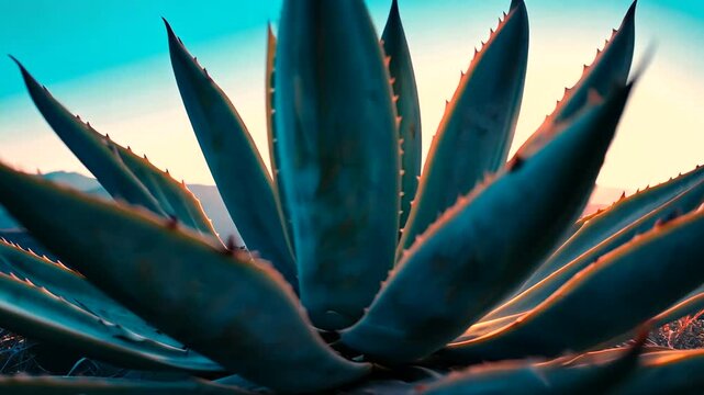 Vibrant agave plant silhouetted against a sunset backdrop, showcasing nature's beauty