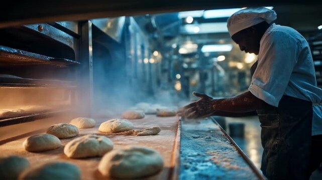 A commercial bakerys predawn atmosphere featuring a bakers hands working dough steaming ovens and industrial equipment humming quietly nearby.