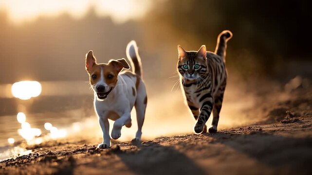 Dog running cat on beach. Cat and dog running on sand. Sunset light on animals. Pet friendship on beach. Nature animals together. Dog, cat, beach, pet, friend, sand, sunset, running, animal, nature